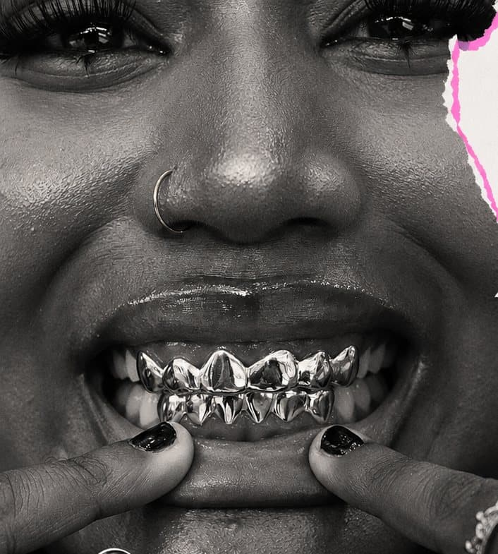 Sourire avec grillz en or, doigts sur les lèvres